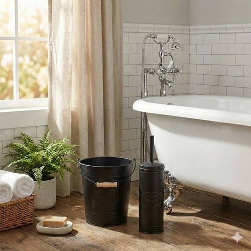 Autumn Alley Farmhouse Bathroom Trash Can and Toilet Brush Set - Rustic Bathroom Accessories for Charming Bathroom Décor, Matte Black Heavy Gauge Metal