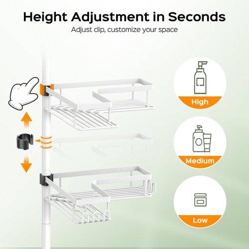 HAMITOR Corner Shower Caddy - 4-Tier Rustproof Bathroom Organizer with Soap Holder & Hooks | No-Drill Adjustable Tension Pole (47-123 Inch)