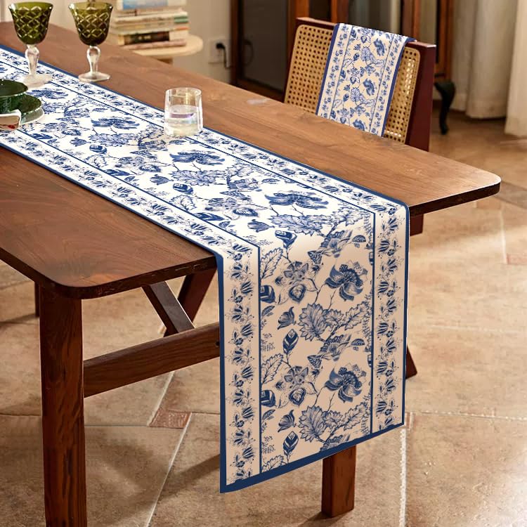 WRAPAHOLIC Blue Floral Table Runner - 13 x 72 Inch Linen Farmhouse Decor