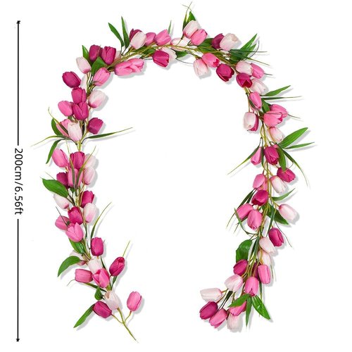 6.56FT Artificial Tulip Garland Spring Garland Easter Christmas Decorations with Flower Green Leaves Hanging Vines for Wall Home Wedding Indoor Outdoor Decor