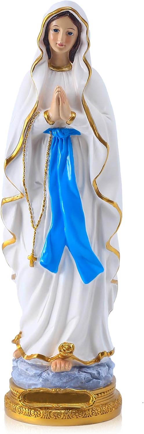 QIANLING 12-Inch Lourdes Virgin Mary Statue - Hand-Painted Catholic Figurine for Home Decor & Prayer Room