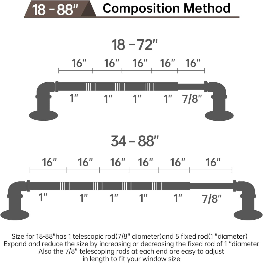 Skiennix Black Curtain Rods - Adjustable 18 to 88 Inch Length | Industrial Style, 1 Inch Diameter