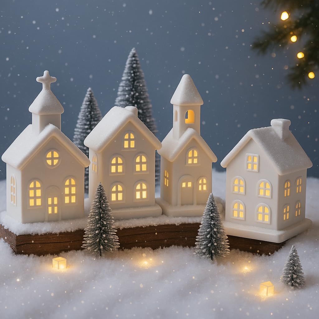 Regine Switzerland Christmas Village Set - 9 Pcs Lighted Ceramic Houses & Trees | Winter White Decor