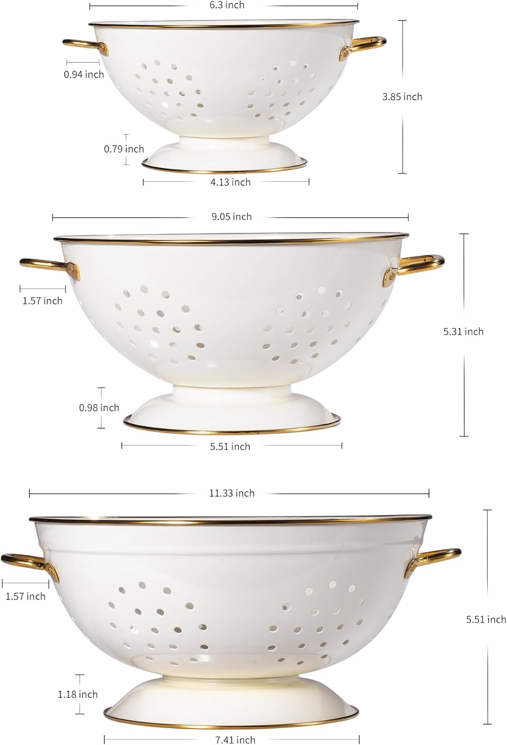 Metal Colander Set - 3-Piece Strainer Basket with Handles for Spaghetti, Pasta & Vegetables | 1, 3.5 & 5 Qt (Cream)
