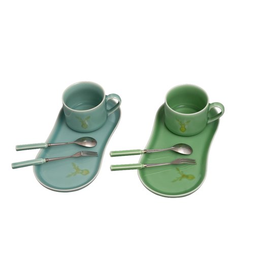 Longquan UNESCO Heritage Celadon Coffee Set Double-Glazed – Handcrafted Song Dynasty, Sky Blue & Plum Green Glaze, 310ml 4-Piece Set with Spoon & Fork, Gift Box (1, BLUE)