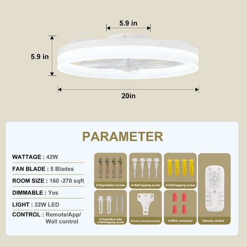FTZVRD Ceiling Fans with Lights and Remote, 20 Inch Flush Mount Low Noise Fan, Reversible DC Motor, 3-Color Dimmable LED Fan for Bedroom, Dining Room, Kitchen, Kids Room, Home Office