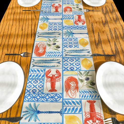 Cyan-Blue Linen Table Runner 13 x 72 Inch Crawfish Pattern