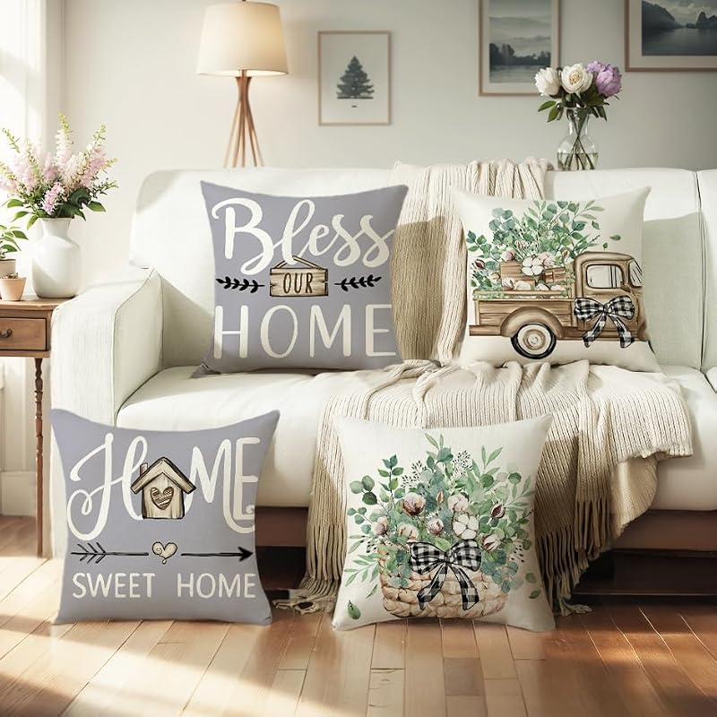 Wyooxoo Dark Grey Linen Throw Pillow Covers Set of 4 18x18 Inches Farmhouse Sofa Decor