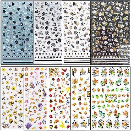 Vezocim Fall Maple Leaf Nail Art Stickers 3D Self-Adhesive Decals 9 Sheets