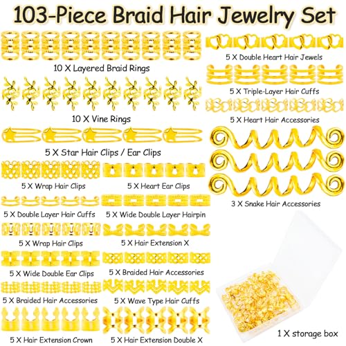 Vaikby 103PCS Gold Hair Jewelry for Braids Cuffs & Rings