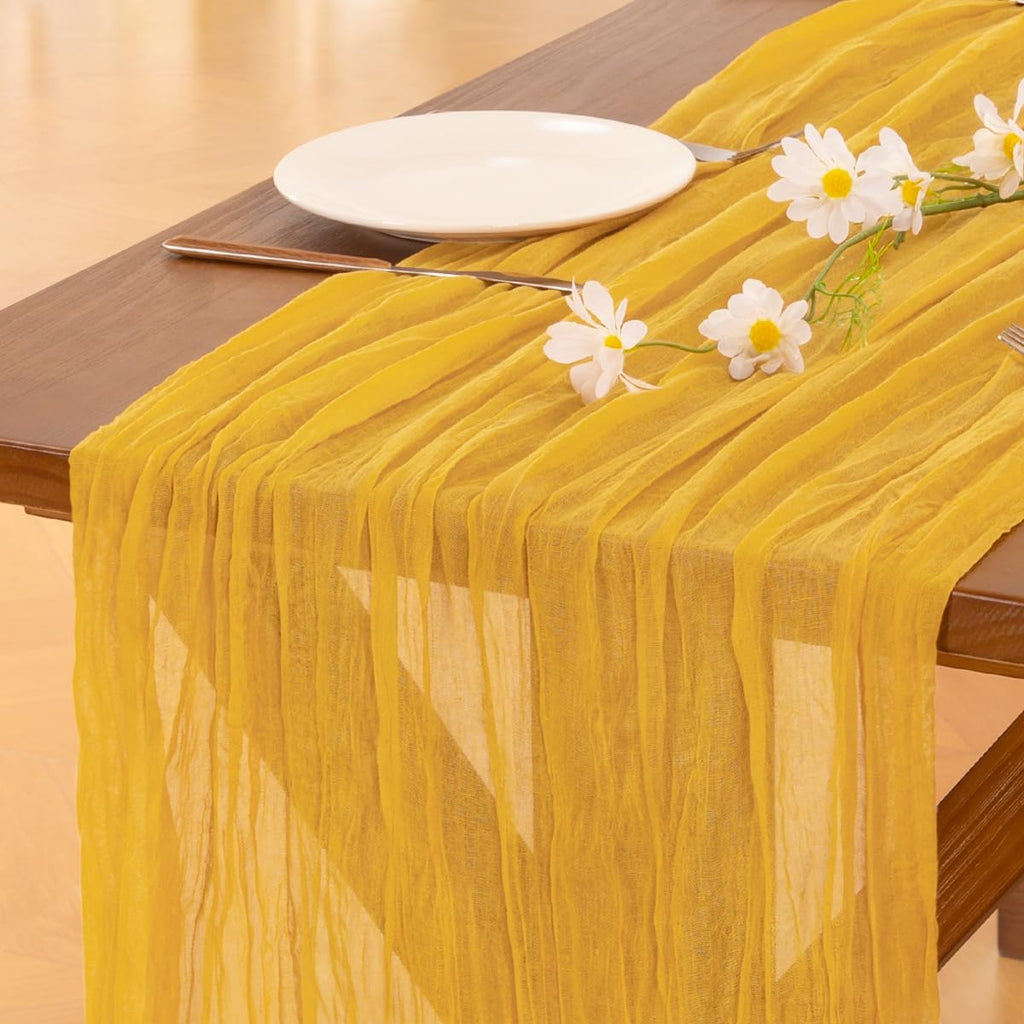 Socomi Gold Yellow Cheesecloth Table Runner - 120 Inch Rustic Boho Decor for Weddings & Events