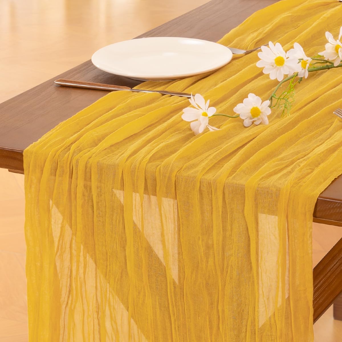 Socomi Gold Yellow Cheesecloth Table Runner - 120 Inch Rustic Boho Decor for Weddings & Events