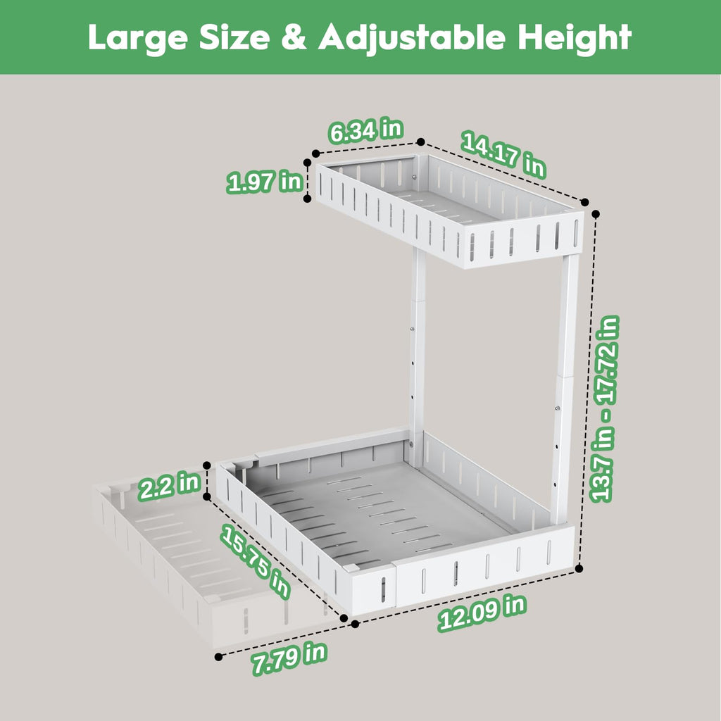 REALINN Under Sink Organizer, 2 Tier Expandable Under Cabinet Organizer, Heights Adjustable Pull Out Storage for Kitchen Bathroom Laundry, White, 2 Pack