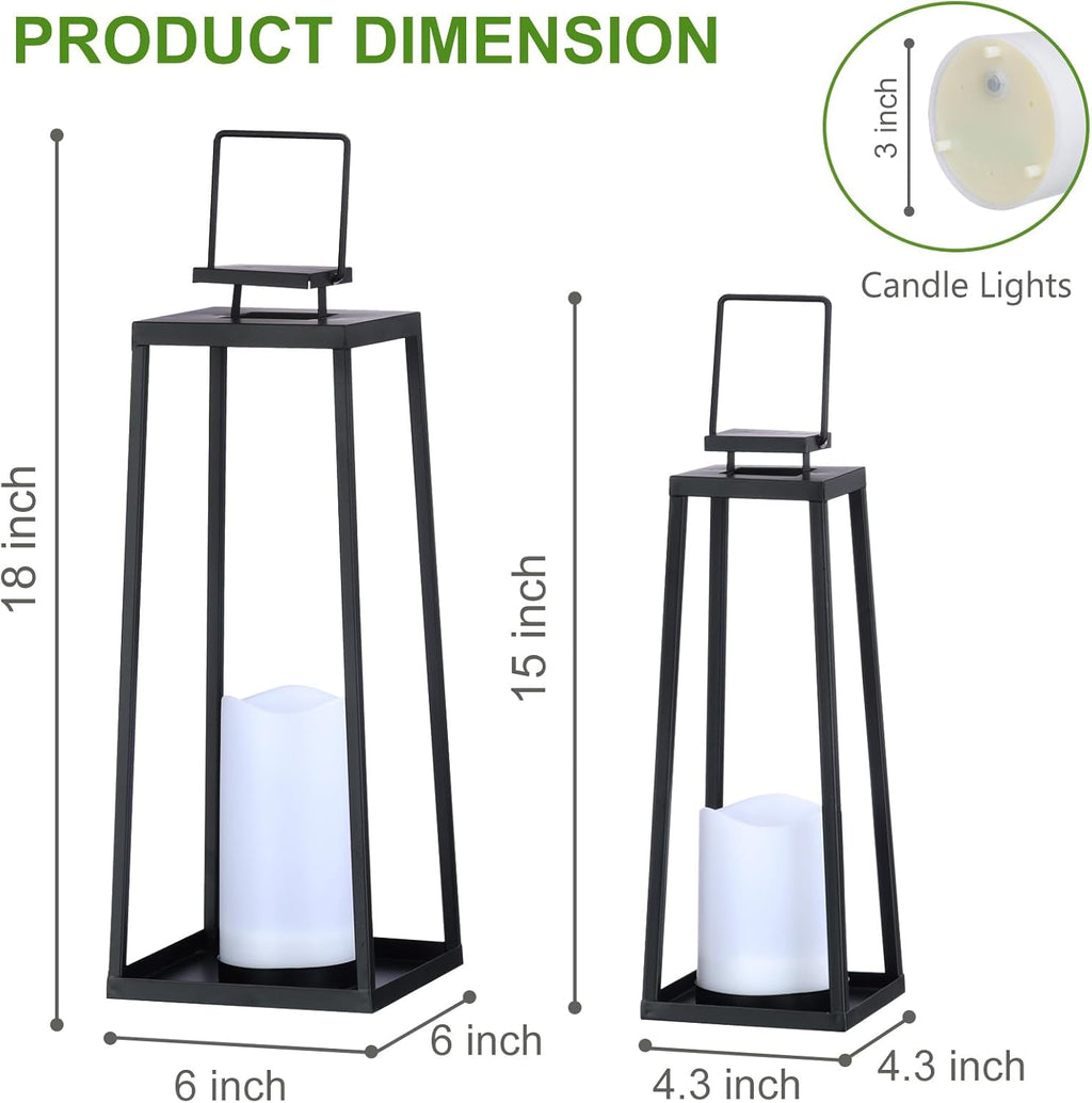 Skiennix Solar Lantern Set of 2 - Modern Black Metal Lanterns with Solar Candles | 18’’ & 15’’ for Outdoor Decor