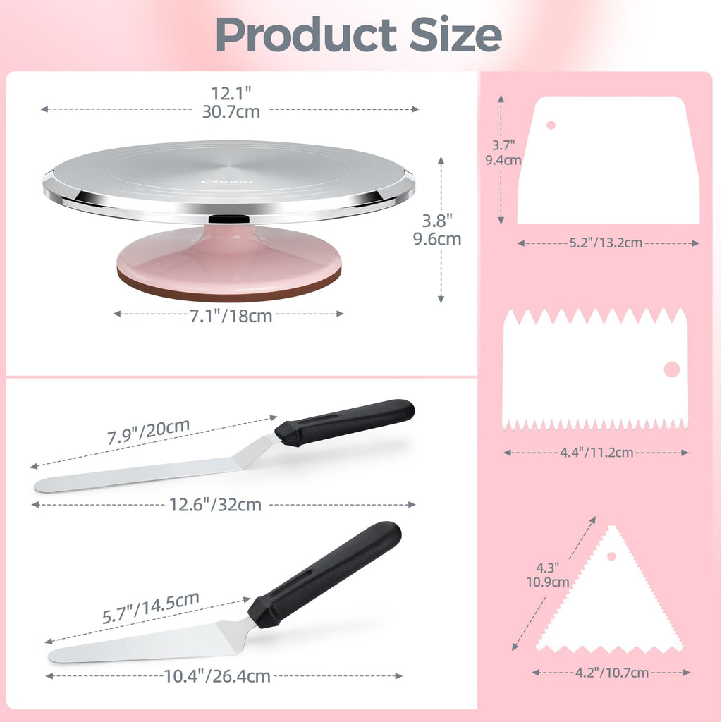 Ohuhu Cake Turntable, Aluminium 12'' Cake Decorating Kit Supplies Rotating Stand Revolving Spinner with 2 Icing Spatula 3 Comb Smoother Perfect Gifts