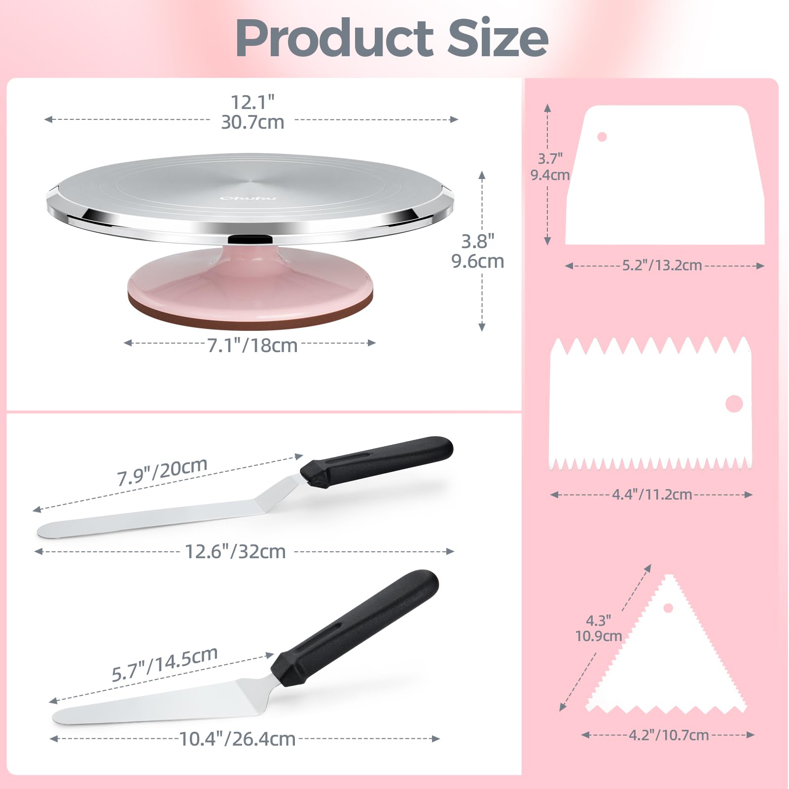 Ohuhu Cake Turntable, Aluminium 12'' Cake Decorating Kit Supplies Rotating Stand Revolving Spinner with 2 Icing Spatula 3 Comb Smoother Perfect Gifts