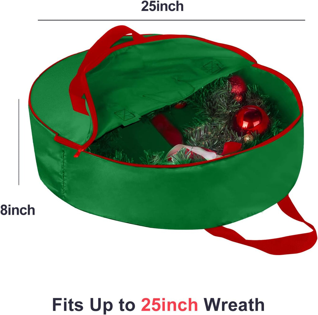 TQS 25" Christmas Wreath Storage Bag - Heavy Duty Container with Reinforced Handle & Double Zipper - Green
