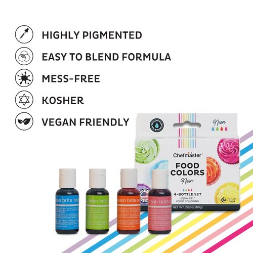 Chefmaster Neon Food Coloring Set - 4 Vibrant Liqua-Gel® Bottles for Professional Baking | Fade-Resistant, 0.67 oz