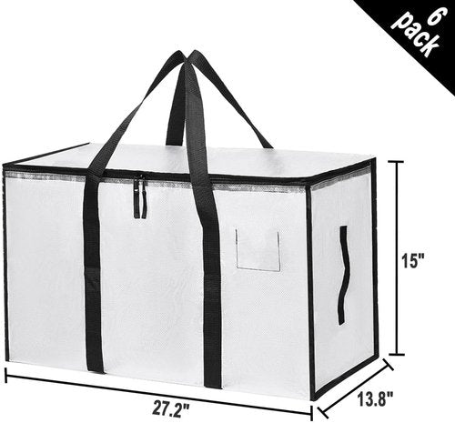 Large Moving Bags - 6 Pack Heavy Duty Storage Totes with Zippers & Carrying Handles | Clear Design