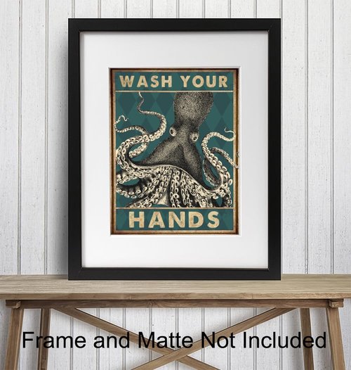 Coastal Nautical Bathroom Wall Art | Beach Octopus Decor - Funny Wash Your Hands Sign - 11x14