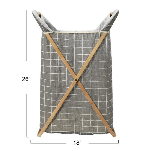 Household Essentials Bamboo X Frame Hamper with Grid Pattern, Gray