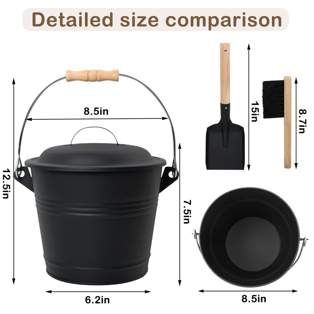 Poofzy Ash Bucket with Lid, Small Fireplace Ash Bucket with Lid and Shovel, 1.3 Gallon Metal Bucket for Fireplace with Hand Broom and Gloves, Fireplace Bucket for Ashes for Wood Stove and Fire Pit