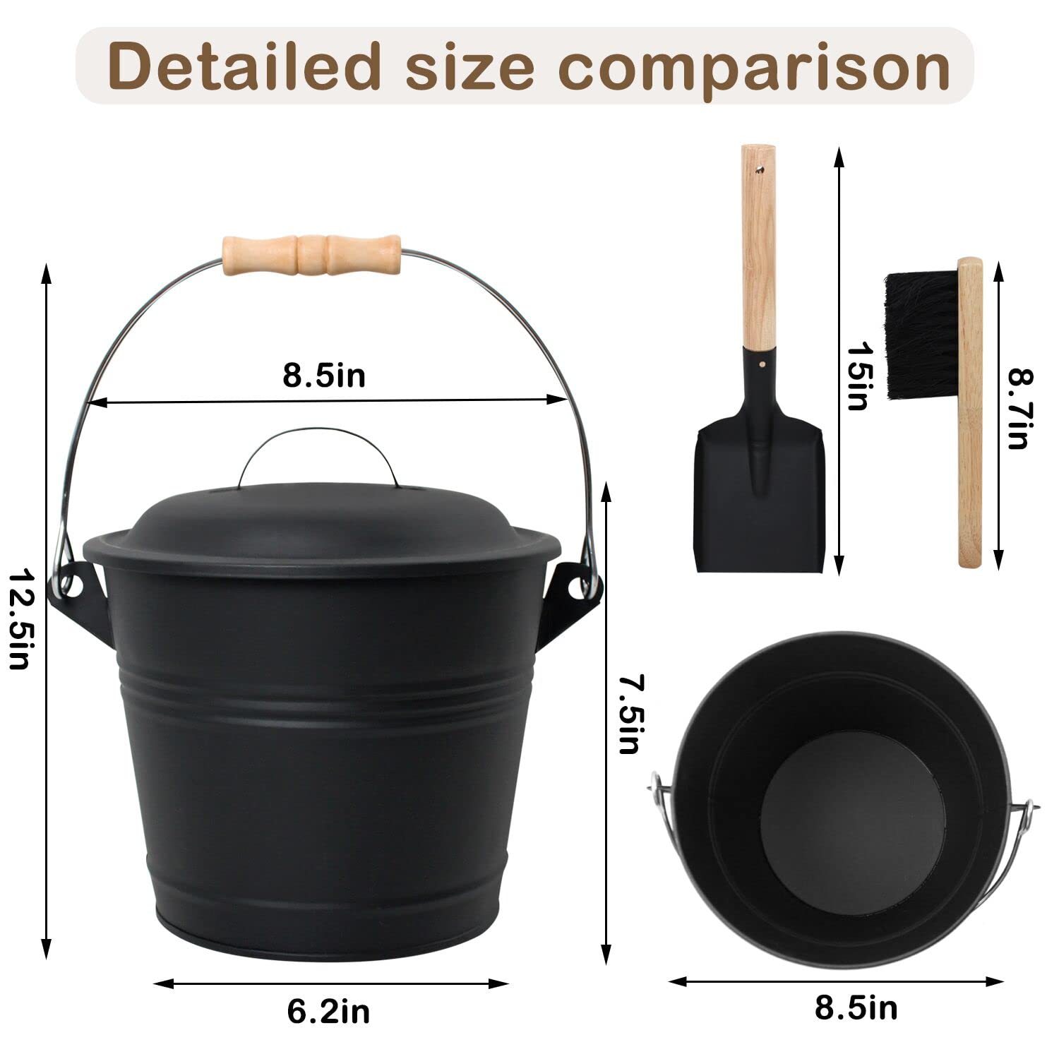 Poofzy Ash Bucket with Lid, Small Fireplace Ash Bucket with Lid and Shovel, 1.3 Gallon Metal Bucket for Fireplace with Hand Broom and Gloves, Fireplace Bucket for Ashes for Wood Stove and Fire Pit