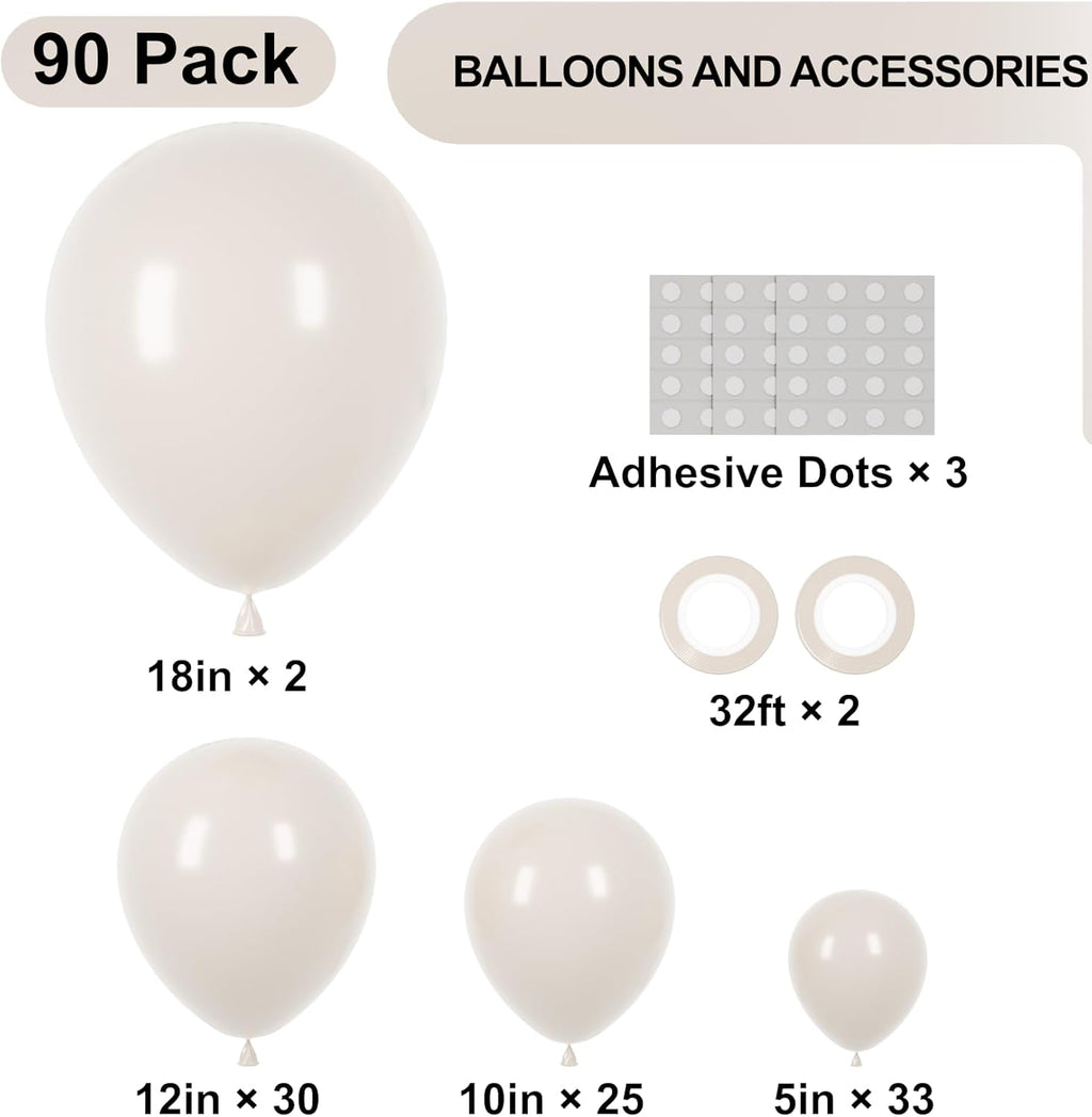 Voircoloria White Sand Balloons - 90-Pack Balloon Garland Kit for Weddings, Showers & Celebrations | 18/12/10/5 Inch Sizes