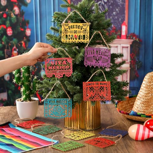 Mexican Wooden Christmas Ornaments Set - Papel Picado Style, 12 Pieces