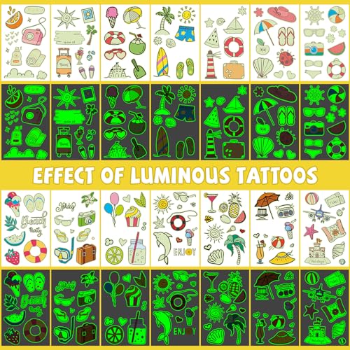 EMOME Glow in the Dark Summer Temporary Tattoos for Kids, 56 Sheets