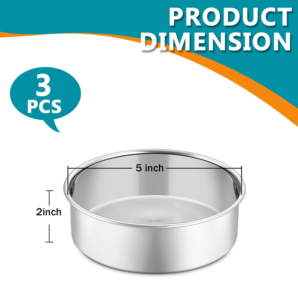 P&P CHEF 5 Inch Round Cake Pan Set of 3, Stainless Steel Round Baking Layer Pans Bakeware for Layer Birthday Cake, Fit Oven/Pots/Pressure Cooker, Leakproof & Dishwasher Safe, Silver