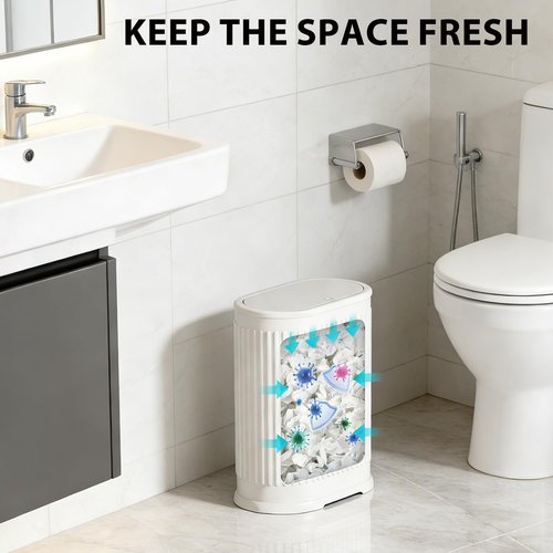 Figella 1.8 Gallon Bathroom Trash Can with Lid Press-Top, Small White Stainless Steel Garbage Can with Removable Inner Bucket, Slim Fit Narrow Spaces for Bedroom Office