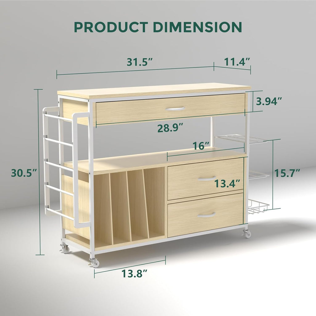 Skiennix Wrapping Paper Organizer - Craft Cart with Ribbon & Gift Bag Storage | 3 Wooden Drawers, Oak