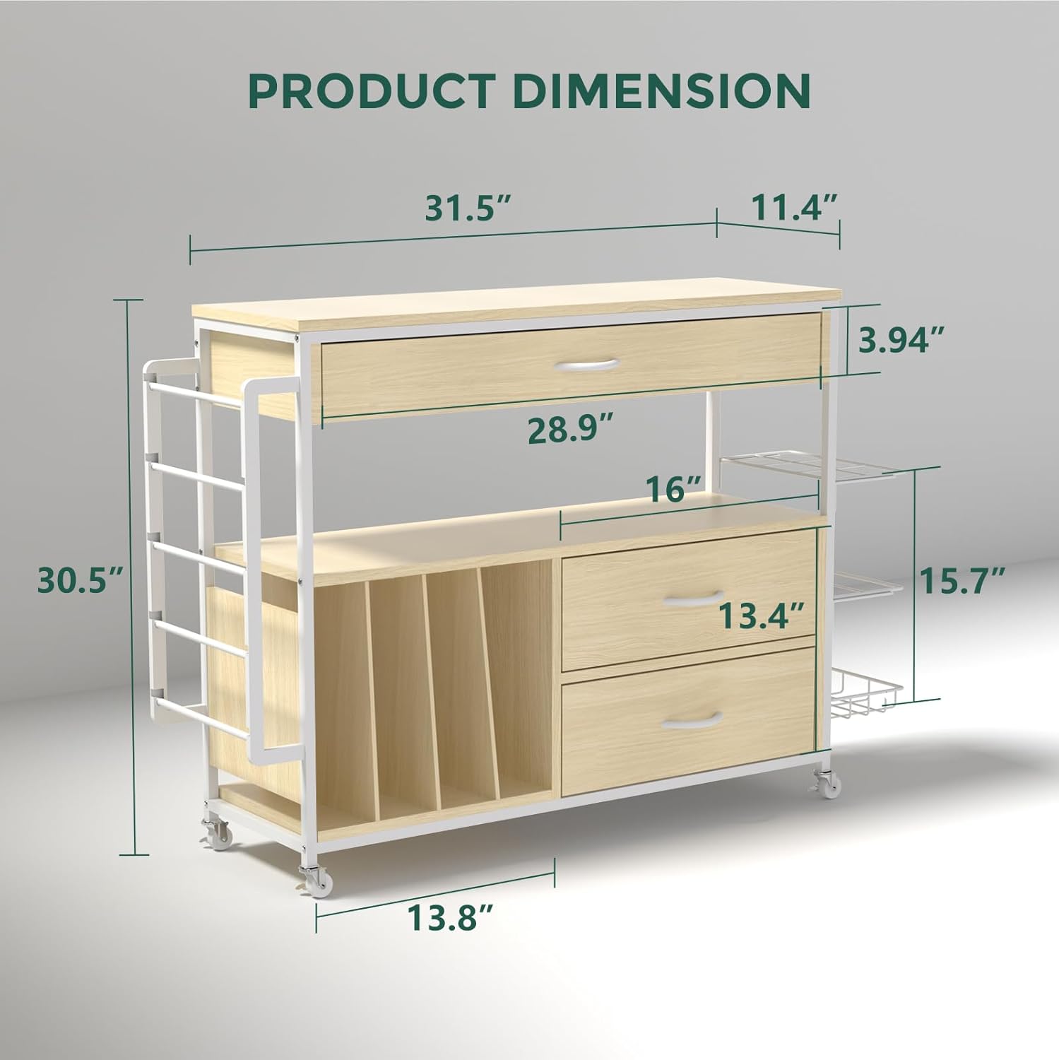 Skiennix Wrapping Paper Organizer - Craft Cart with Ribbon & Gift Bag Storage | 3 Wooden Drawers, Oak