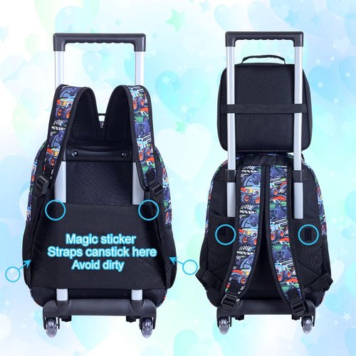 CCJPX 3PCS Truck Rolling Backpack for Boys, Kids Roller Wheels School Bookbag Set, Cars Travel Wheeled School Bag for Toddler Elementary Children-Blue