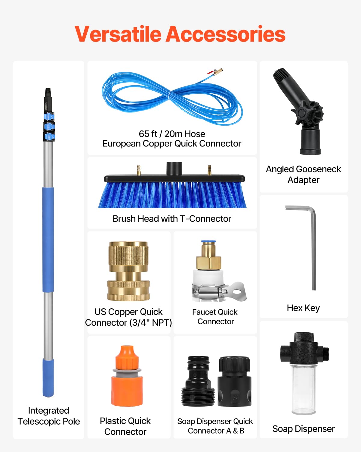 VEVOR Water Fed Pole Kit, 24FT Solar Panel Cleaning Pole with Extendable Handle, 180° Rotatable Brush Head & 65.6FT Hose, Household & Outdoor Window Cleaner Tool for Caravan Solar Panel Deck