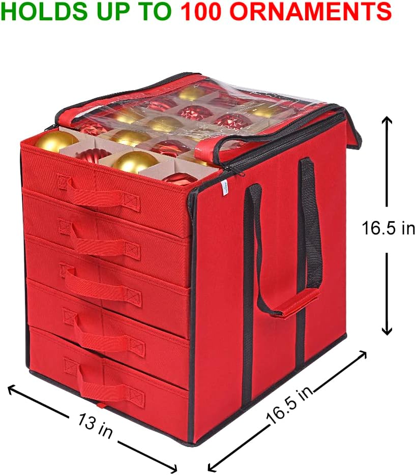 ProPik Christmas Ornament Storage Box - Holds 100 Ornaments with Dividers - Durable Red Organizer