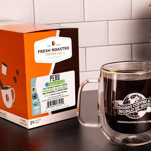 Fresh Roasted Coffee, USDA Organic Peru Water-Processed Half-Caf | 3rd Party Tested for Pesticides, Mold, Mycotoxins, Kosher | 100% Arabica, Specialty Grade, Med Roast 72 Pods for K Cup Brewers