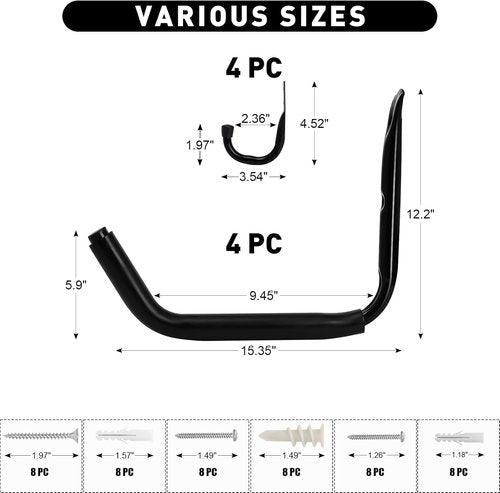 KURUI Heavy Duty Garage Storage Hooks - 100 LB Capacity Wall Mount Kayak Rack | 15" Black Hangers for Indoor/Outdoor Use