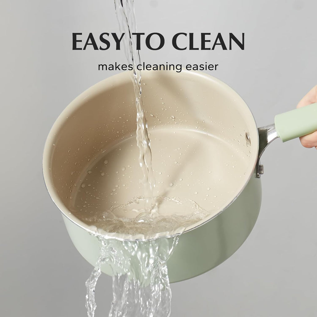 Redchef Ceramic Nonstick Saucepan - 1.5QT Small Cooking Pot with Lid, PFAS-Free, Green Color