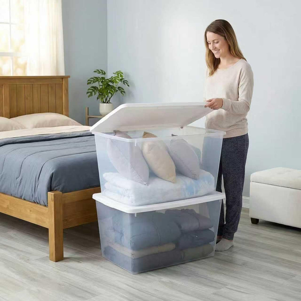 Skiennix 90QT Transparent Plastic Storage Boxes - 2-Pack with Snap-On Lids | Large 29" L x 18" W x 13" H for Home & Office