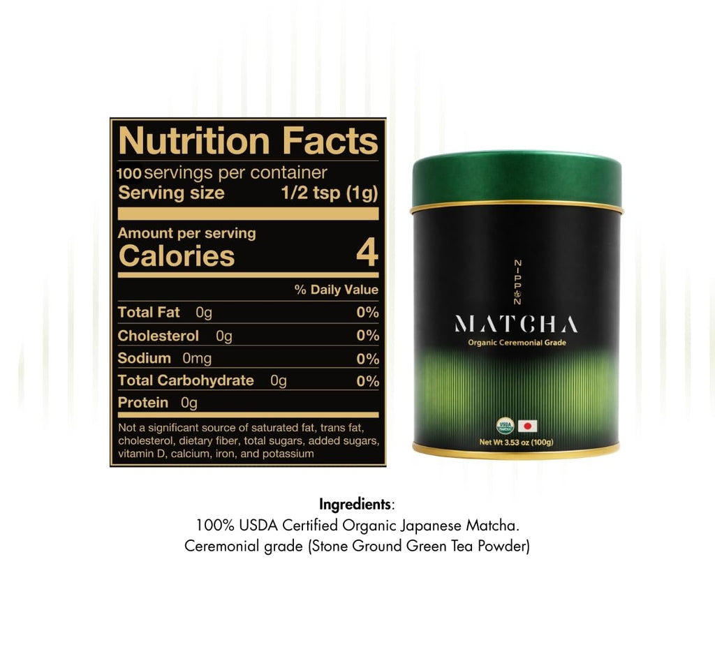 Nippon Matcha | Organic Premium Ceremonial Grade Japanese Matcha Green Tea Powder - First Harvest from Uji, Kyoto - USDA Certified, Stone-Ground, Smooth & Vibrant (100g/3.53oz)