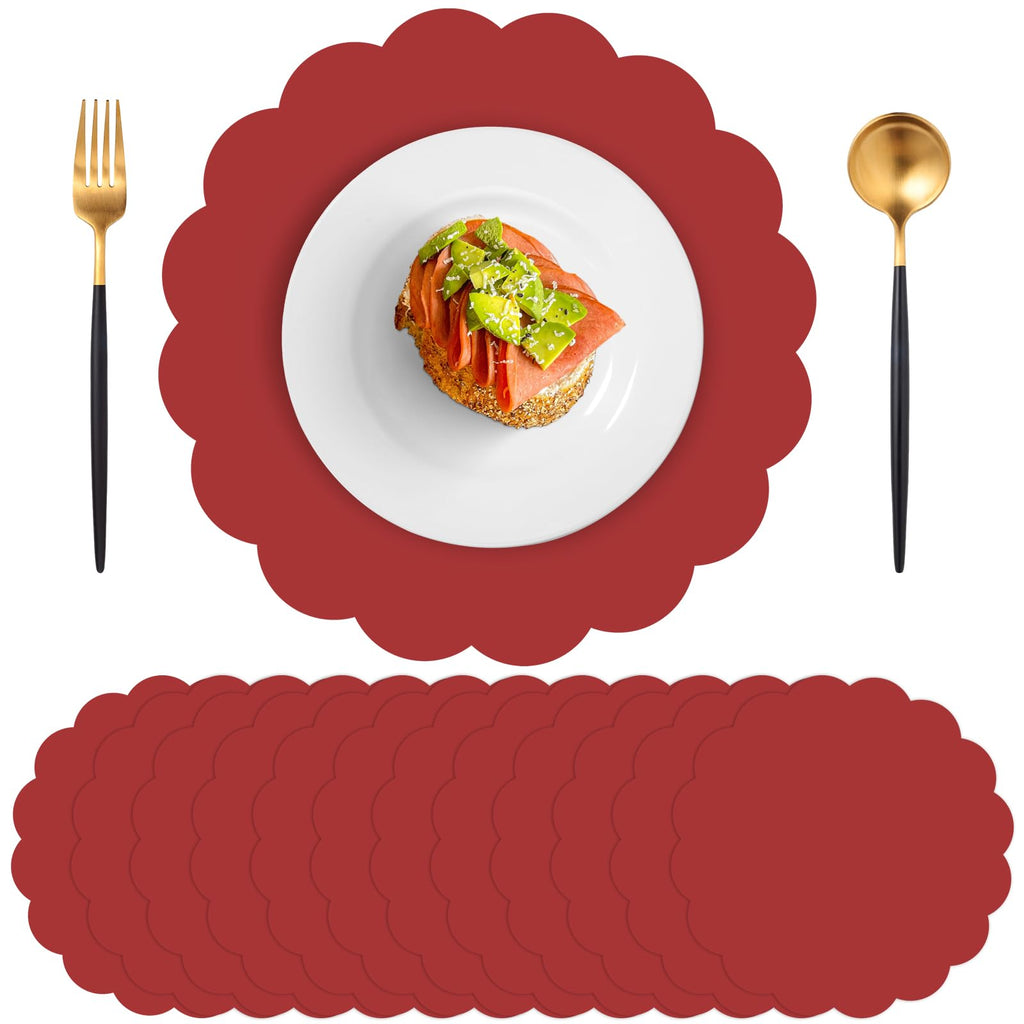60 Pcs Red Paper Placemats, 13.5 Inch Mother's Day Placemat Disposable Scalloped Place Mat Round Table Place Mats Decorative Paper for Mothers Day Anniversay Birthday Wedding Banquet Holiday Party