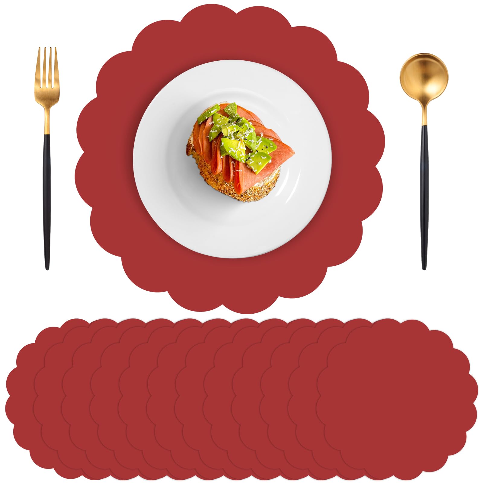 60 Pcs Red Paper Placemats, 13.5 Inch Mother's Day Placemat Disposable Scalloped Place Mat Round Table Place Mats Decorative Paper for Mothers Day Anniversay Birthday Wedding Banquet Holiday Party