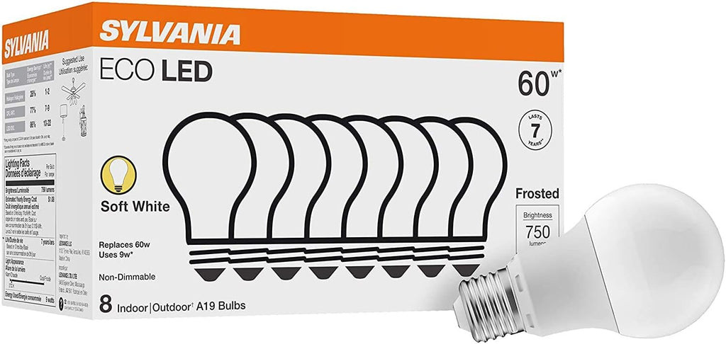 Sylvania ECO LED Light Bulb - 60W Equivalent, 9W Energy Efficient, Soft White 2700K - 8 Pack