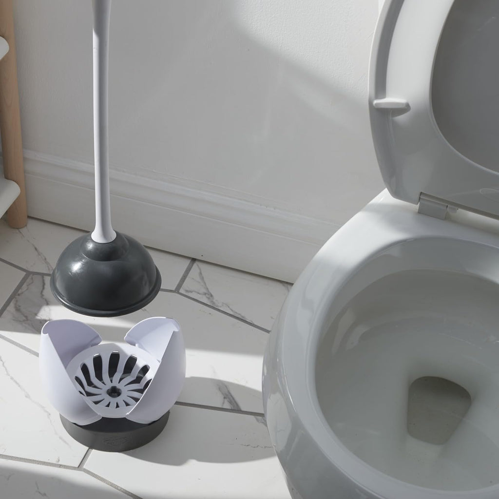 Clorox Toilet Plunger - Heavy-Duty Design with Non-Skid Rubber Base | Compact Holder Caddy, 6.5x19.5-Inch, White