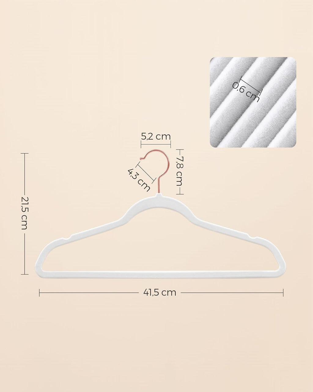 SONGMICS Slim Velvet Hangers - Non-Slip Clothes Hangers with Rose Gold Hooks | Space-Saving 50 Pack, White