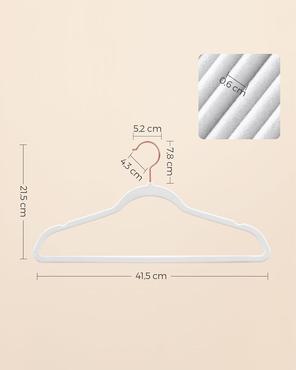 SONGMICS Slim Velvet Hangers - Non-Slip Clothes Hangers with Rose Gold Hooks | Space-Saving 50 Pack, White