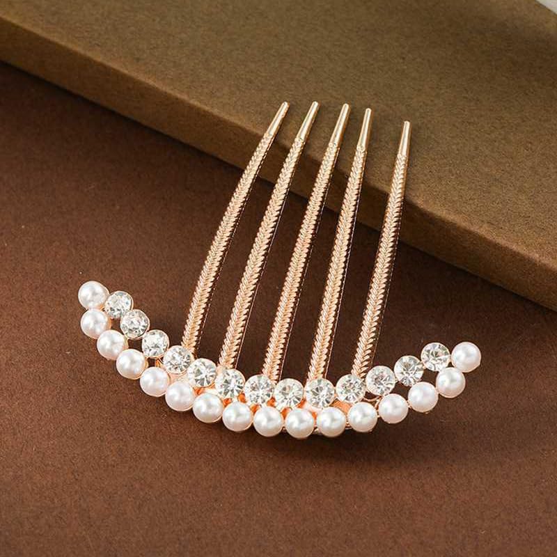 QUUPY Gold Pearl Hair Side Comb Rhinestone Bridal Hairpin Accessory