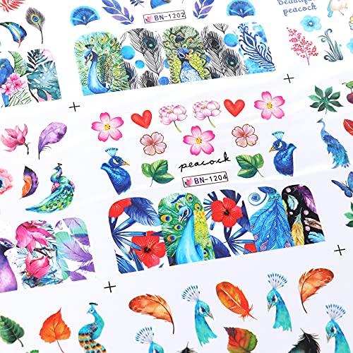 CHANGAR Peacock Feather Nail Stickers - 12 Sheets Water Transfer Decals